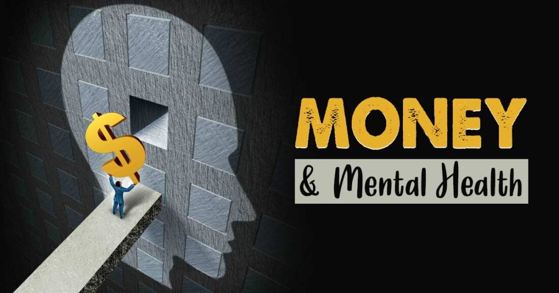 A person holds a golden dollar sign, standing on a path leading into a shadowed head silhouette. The text "MONEY & Mental Health" appears, symbolizing financial anxiety and mental health connection.